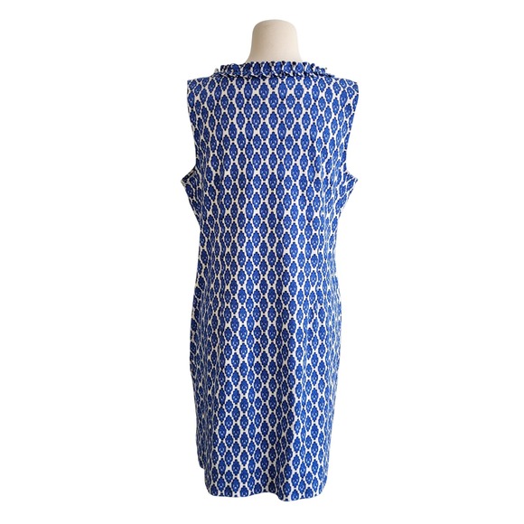 Talbots Petite XL Blue White Geo Ruffle Neck Cotton Shift Dress NWT Knee Length - Picture 6 of 11